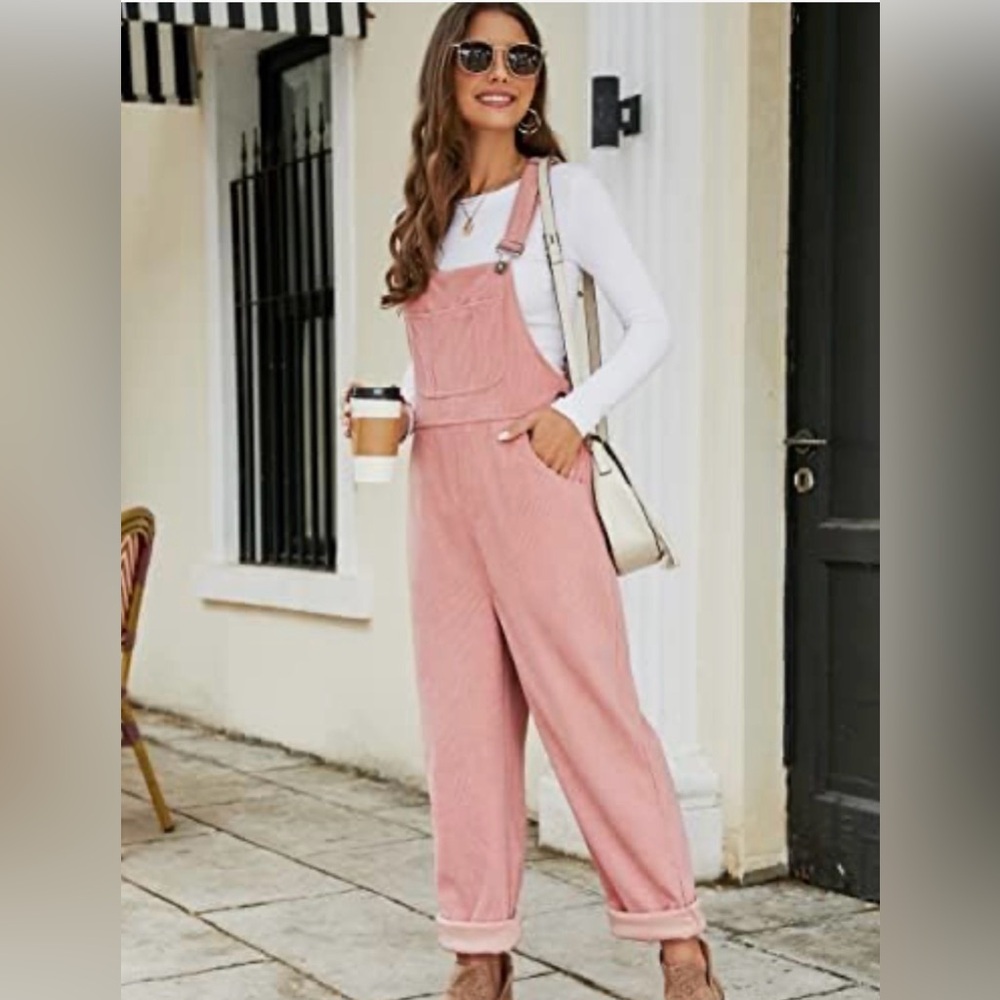 Flygo - Pink Corduroy Overalls Loose Fit
Adjustable Straps With Pockets